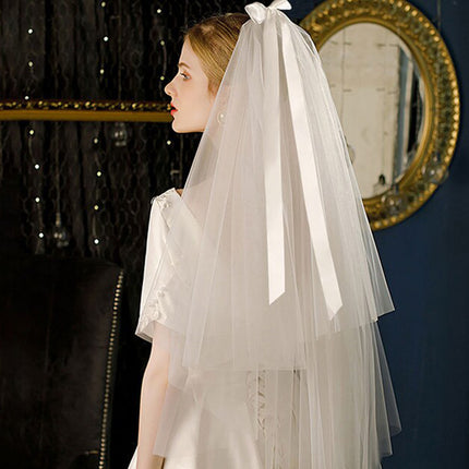 Peekaboo Studio Bridal Pearl Headdress with Elegant Ribbon Bowknot