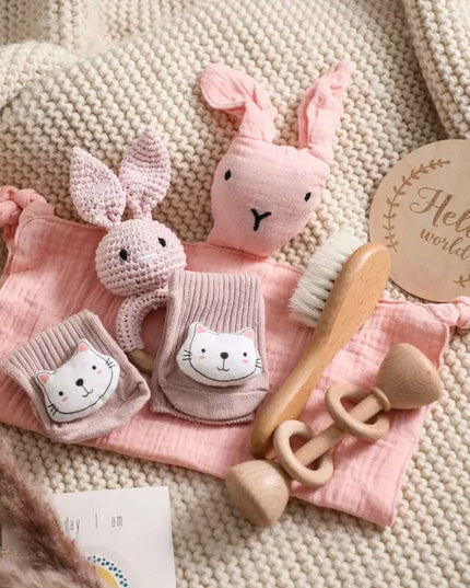 Baby Milestone Bath Toy Set with Swaddle Wrap, Rattle, and Bibs for Newborn