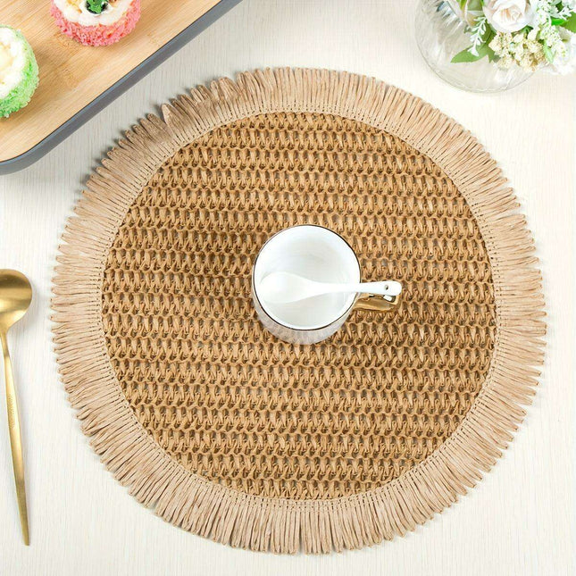 Set of 4 Rustic Bohemian Jute Round Placemats with Fringe for Stylish Dining Decor