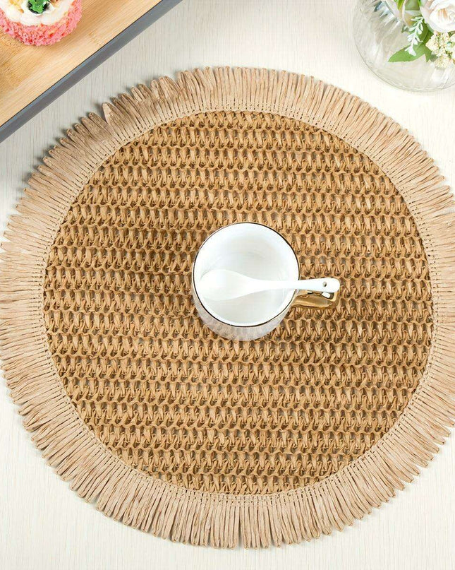 Set of 4 Rustic Bohemian Jute Round Placemats with Fringe for Stylish Dining Decor