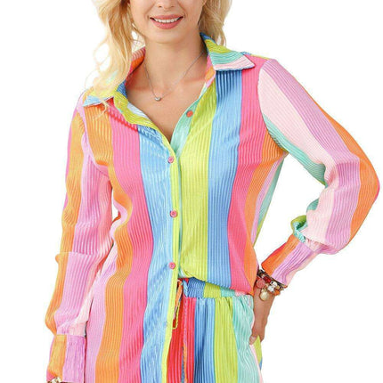 Colorful Crinkle Shirt and Shorts Ensemble with Playful Rainbow Stripes