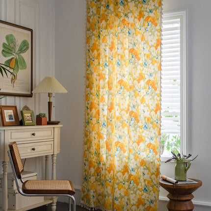 Peekaboo Studio Garden Flower Print Yellow Semi-Sheer Kitchen Curtain