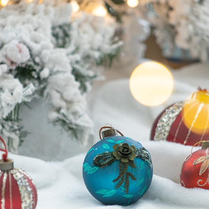 Room & Decor Set of 4 Blue Glass Christmas Ball Ornaments, 4.7" Decora