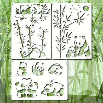 Panda Paradise Stencil Trio - A4 Templates for Creative Painting, Woodburning, and DIY Crafts with Bamboo Accents