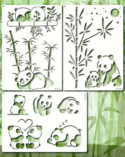 Panda Paradise Stencil Trio - A4 Templates for Creative Painting, Woodburning, and DIY Crafts with Bamboo Accents