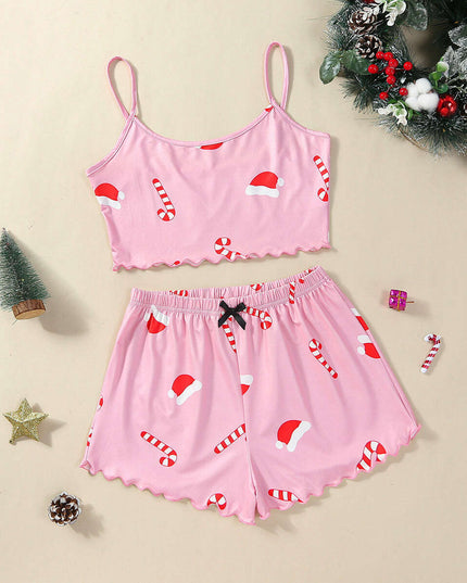 Christmas European And American Thin Pajamas Women's Sleeveless Shorts Milk Silk Simple Casual Two-piece Suit Homewear