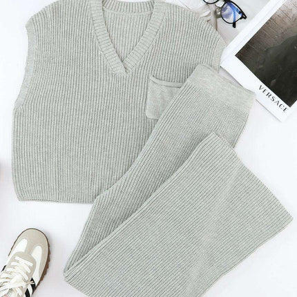 Elegant Knit V Neck Sweater and Flowing Trousers Ensemble