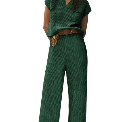 Stylish Forest Green Knit V Neck Sweater and Relaxed Pant Set - Cozy Fashion Essential for Young Women
