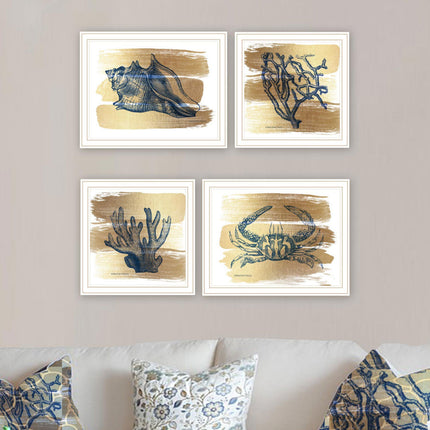 Bluebird Barn 4 Pc Gold Sea Wall Art Set - Framed Prints for Home Deco