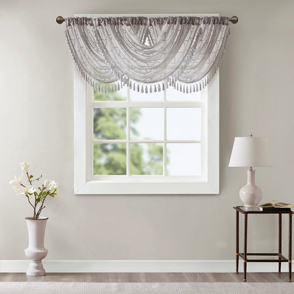 Room and Decor Diamond Sheer Embroidered Waterfall Valance, Grey 38x46