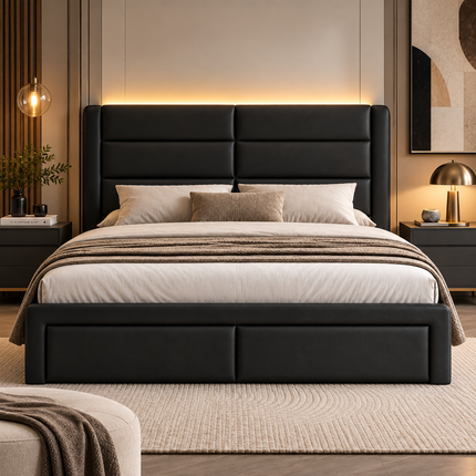 Queen Upholstered Bed Frame with LED Lighting & Faux Leather Headboard — No Box Spring Needed Platform Beds & Bed Frames queen-upholstered-bed-frame-with-led-lights-faux-leather-no-box-spring-needed-black Furniture > Bedroom Furniture > Beds & Bed Frames