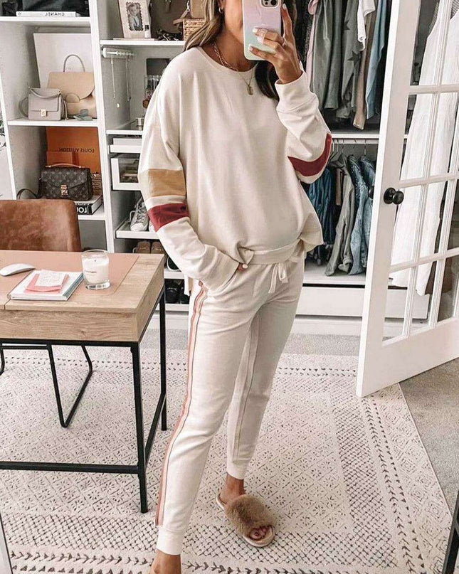 Stylish White Color Block Lounge Set with Luxurious Contrast Trim