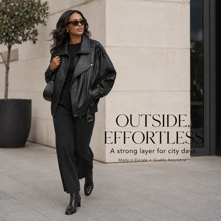Oversized Faux Leather Jacket — High Collar, Full Zip & Adjustable Belt Coats & Jackets jacket-57 Clothing > Women's Clothing > Outerwear > Jackets & Coats > Faux Leather Jackets