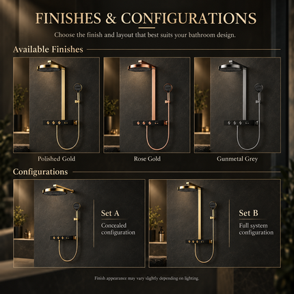 Luxury Concealed Thermostatic Shower System Set with Brass Rainfall Head & Gold Finish