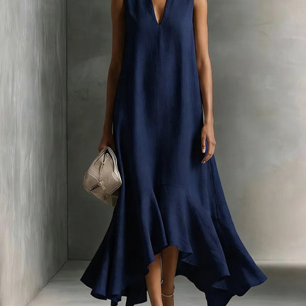 Elegant Deep V-Neck Sleeveless Asymmetrical Hemline Maxi Dress