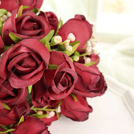 AliKopy 3 Pack 13" Burgundy Real Touch Silk Rose Bud Bouquets