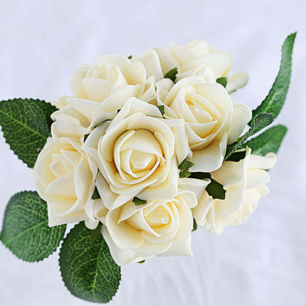 AliKopy 24 Cream Foam Roses with Stem Wire & Leaves - Realistic Decor