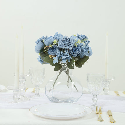 AliKopy 2 Pack Dusty Blue Silk Rose & Peony Bouquets - 12" Home Décor