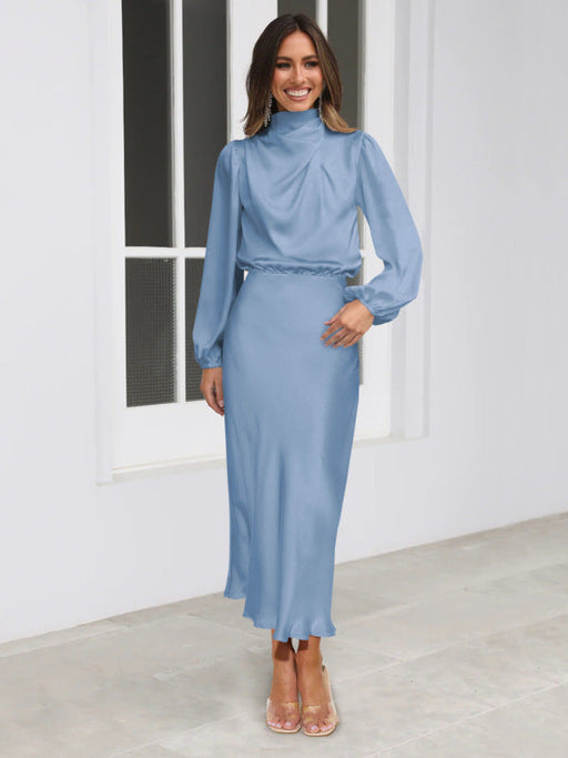 Elegant Satin Dress with Chic Dropped Sleeves - Women's Fashion Essential