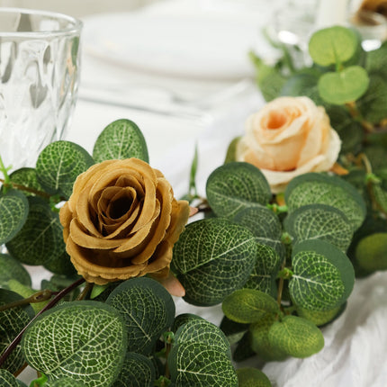 AliKopy 6ft Artificial Eucalyptus Garland with Cream/Gold Roses, UV Re