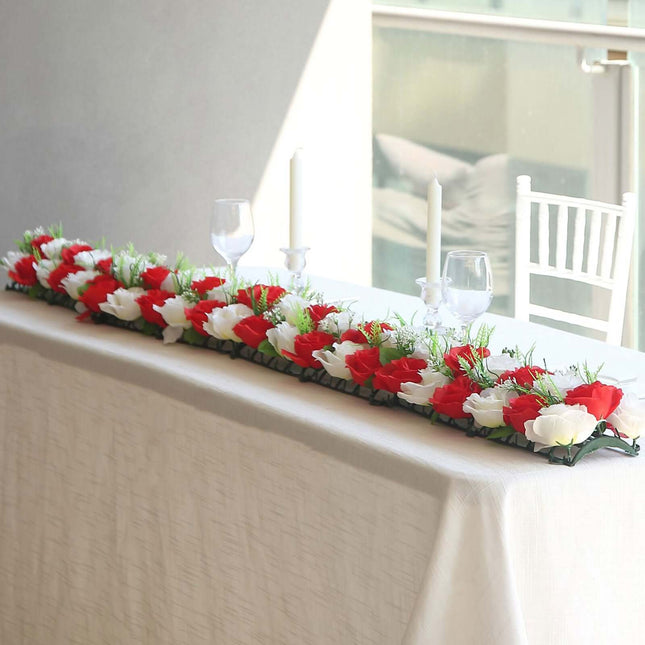 AliKopy 6 Pack Red Ivory Silk Rose Table Runner - 20"x8", Wedding Deco