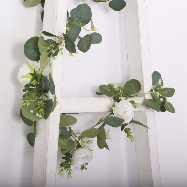 AliKopy 5.5ft Eucalyptus Leaf Hanging Vines with 7 White Roses, Table