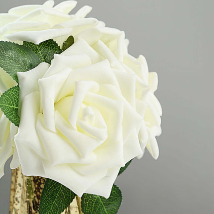 AliKopy 24 Ivory Foam Roses - 5" with Stem Wire & Realistic Leaves