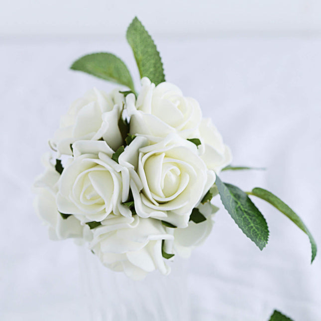 AliKopy 24 Ivory Foam Roses - Realistic Look with Stem Wire & Leaves