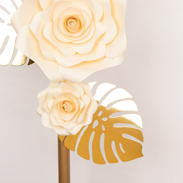 AliKopy Set of 9 Ivory 3D Rose Paper Flowers with Gold Leaves Decor