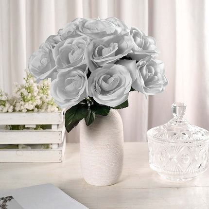 AliKopy 12" Silver Velvet-Like Fabric Rose Bouquet - Realistic & Durab