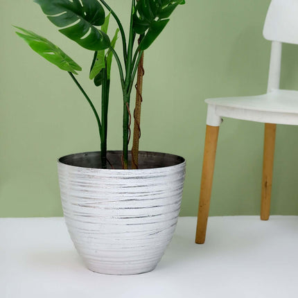 AliKopy 12" Metallic Silver Textured Indoor Flower Pot, Durable & Styl