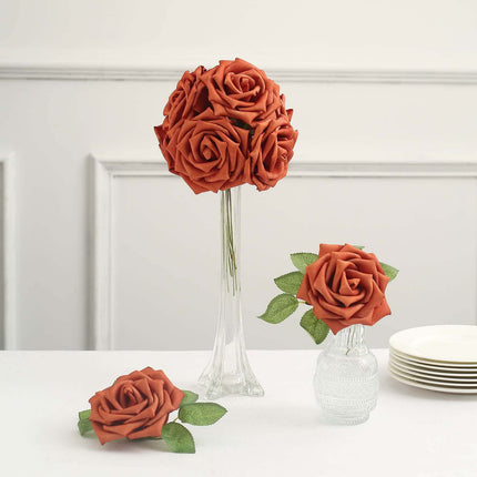 AliKopy 24 Roses 5" Terracotta Foam Flowers with Stem Wire & Leaves