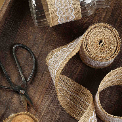 AliKopy 2" x 16FT Natural Jute Burlap Ribbon with Wavy Lace Edging