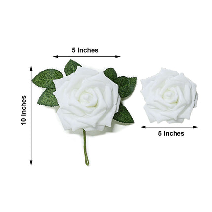 AliKopy 24 White Foam Roses - 5" Flowers with Stem Wire & Leaves