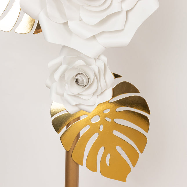 AliKopy 9-Piece White 3D Rose Paper Flowers Set with Gold Palm Leaves
