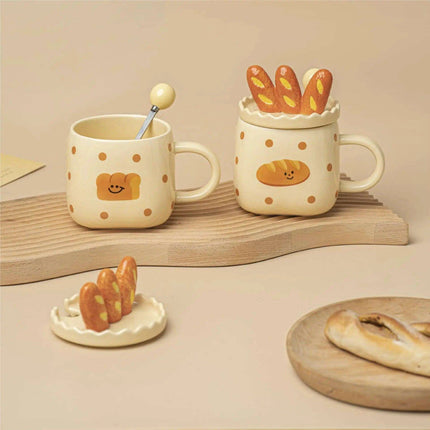 Artisanal Irregular Bread Sculpt Porcelain Coffee Mug Set with Decorative Spoon