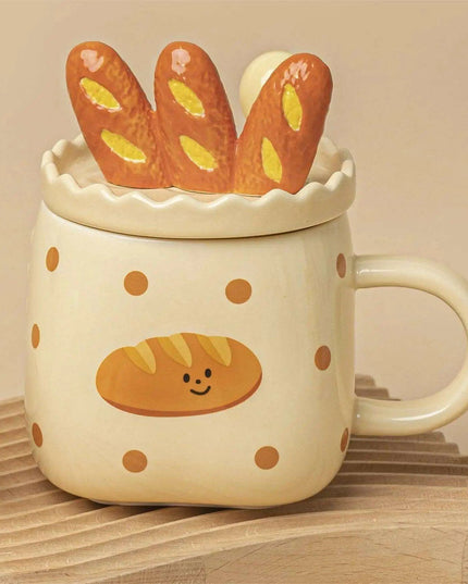 Artisanal Irregular Bread Sculpt Porcelain Coffee Mug Set with Decorative Spoon