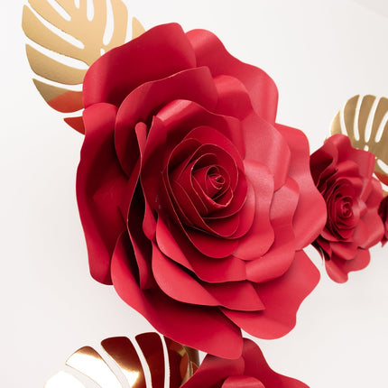 AliKopy Set of 9 Red 3D Rose Paper Flowers with Gold Leaves, Wall Deco