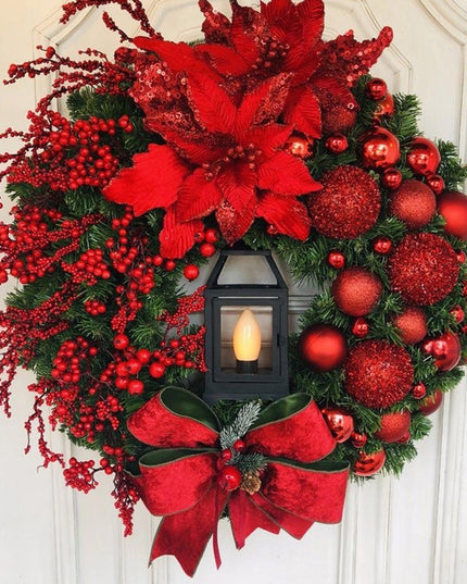 Luxurious Red and Gold Illuminated Christmas Wreath - Chic Holiday Decor for Your Home