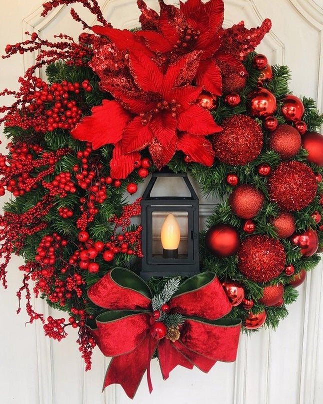 Luxurious Red and Gold Illuminated Christmas Wreath - Chic Holiday Decor for Your Home