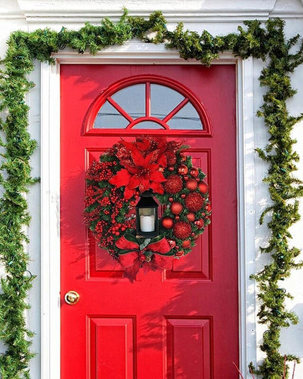 Luxurious Red and Gold Illuminated Christmas Wreath - Chic Holiday Decor for Your Home