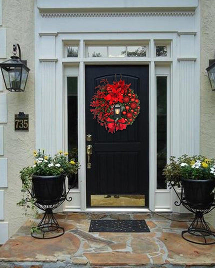 Luxurious Red and Gold Illuminated Christmas Wreath - Chic Holiday Decor for Your Home