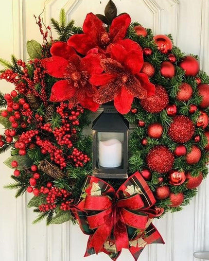 Luxurious Red and Gold Illuminated Christmas Wreath - Chic Holiday Decor for Your Home