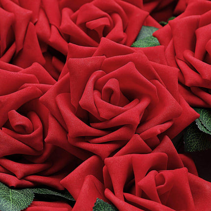 AliKopy 24 Red Foam Roses - 5" with Stem Wire & Lush Green Leaves