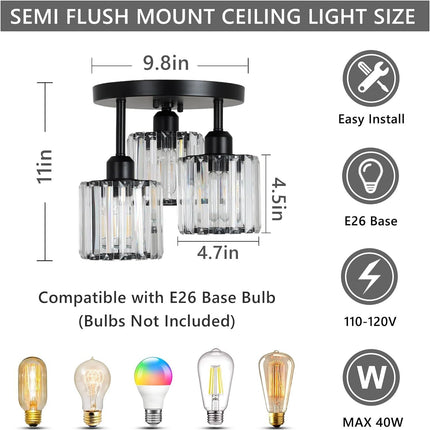 Room & Decor Black Crystal Semi Flush Mount Ceiling Light, 3 Lights