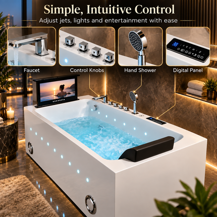 Modern Freestanding Acrylic Whirlpool Bathtub with Hydro Massage & Built-In TV