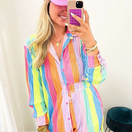 Colorful Crinkle Shirt and Shorts Ensemble with Playful Rainbow Stripes