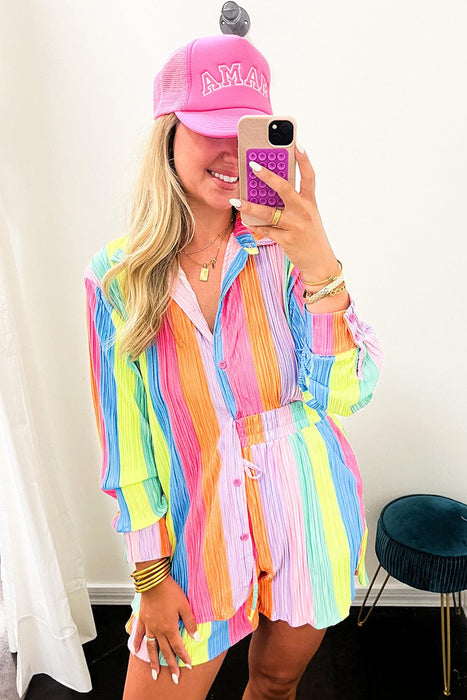 Vibrant Rainbow Stripe Crinkle Shirt and Shorts Ensemble for Colorful Days
