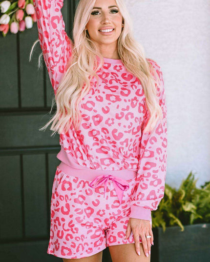Chic Satin Pink Leopard Print Pajama Set with Bow and Shorts for Ultimate Comfort