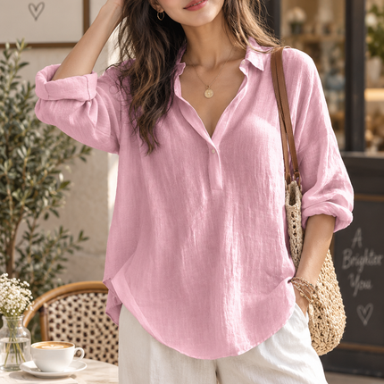 Women's Casual Long-Sleeved Lapel Pullover Shirt — Loose Fit, 3/4 Sleeve